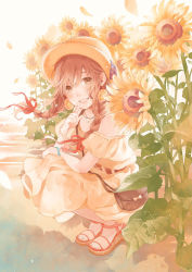 Rule 34 | 1girl, bad id, bad pixiv id, bag, bare shoulders, blush, braid, brown dress, brown eyes, brown footwear, brown hair, commentary request, dress, finger to mouth, flower, hair between eyes, hair ribbon, hat, long hair, low twintails, millcutto, off-shoulder dress, off shoulder, original, parted lips, petals, red ribbon, ribbon, sandals, shoulder bag, smile, solo, squatting, summer, sun hat, sundress, sunflower, toenails, twin braids, twintails, yellow flower