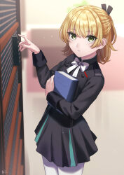 Rule 34 | 1girl, absurdres, blonde hair, blurry, blurry background, book, bookshelf, bow, bowtie, green eyes, hair ribbon, half updo, heaven burns red, highres, holding, holding book, indoors, long sleeves, looking at viewer, nanase nanami (heaven burns red), nil (pixiv 53614557), pantyhose, parted lips, ribbon, shirt, short hair, skirt, solo