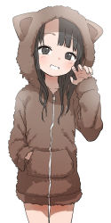 Rule 34 | 1girl, absurdres, animal hood, black eyes, black hair, blush, clenched teeth, commentary, copyright request, hand in pocket, hand up, highres, hood, long sleeves, looking at viewer, medium hair, parted bangs, simple background, smile, solo, teeth, thighs, white background, yamamoto souichirou, zipper