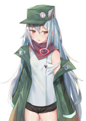 Rule 34 | 1girl, absurdres, blush, brown eyes, clothing cutout, coat, cowboy shot, g11 (girls&#039; frontline), girls&#039; frontline, green coat, hair between eyes, hat, highres, jacket, long hair, long sleeves, looking at viewer, madao, open clothes, open coat, open mouth, scarf, shirt, short shorts, shorts, shoulder cutout, sidelocks, silver hair, simple background, solo, thighs, very long hair, white background