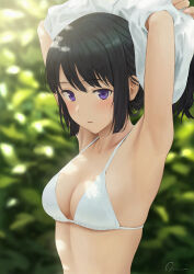 Rule 34 | 1girl, armpits, arms behind head, arms up, artist name, bikini, black hair, blunt tresses, blurry, blush, breasts, clothes lift, commentary request, crossed arms, dappled sunlight, day, depth of field, hibike! euphonium, highres, kousaka reina, lifting own clothes, long hair, looking at viewer, omoneri, outdoors, parted lips, purple eyes, shirt, shirt lift, sidelocks, signature, small breasts, solo, string bikini, sunlight, swimsuit, undressing, upper body, vegetation, white bikini, white shirt