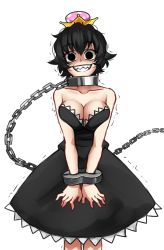 Rule 34 | 1girl, :d, bare shoulders, black dress, black eyes, black hair, breasts, chain, chain leash, cleavage, collar, collarbone, commentary, crown, cuffs, dress, english commentary, grin, large breasts, leash, looking at viewer, mario (series), new super mario bros. u deluxe, nintendo, open mouth, princess chain chomp, shackles, sharp teeth, short hair, simple background, smile, solo, strapless, strapless dress, super crown, teeth, trembling, twrlare, white background