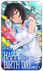 Rule 34 | 10s, 1girl, black eyes, black hair, breasts, character name, closed mouth, dated, day, dress, dutch angle, english text, field, fingerless gloves, flower, flower field, framed, girls und panzer, gloves, happy birthday, highres, kawashima momo, looking at viewer, lying, medium breasts, monocle, norinco, on side, outdoors, short hair, short hair with long locks, smile, solo, upper body, white dress