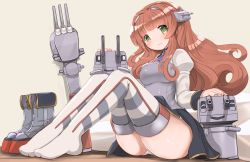 Rule 34 | 1girl, adapted turret, american flag neckwear, boots, unworn boots, breasts, brown hair, brown skirt, browning auto 5, green eyes, headgear, helena (kancolle), highres, kantai collection, long hair, long sleeves, medium breasts, redundant-cat, shirt, sitting, skirt, smile, solo, thighhighs, white shirt, white thighhighs