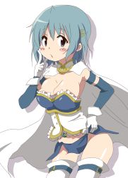Rule 34 | 10s, 1girl, bad id, blue eyes, blue hair, blush, breasts, cape, female focus, hand up, highres, hoshino., magical girl, mahou shoujo madoka magica, matching hair/eyes, miki sayaka, miki sayaka (magical girl), no panties, short hair, simple background, solo, soul gem, thighhighs, white background