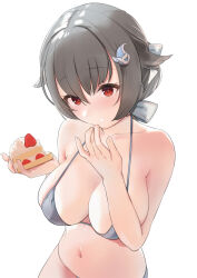 Rule 34 | 1girl, black hair, breasts, cake, cleavage, collarbone, food, hair between eyes, hair ornament, highres, holding, holding food, jingei (kancolle), kantai collection, large breasts, navel, red eyes, sakieko, short hair, simple background, solo, strawberry shortcake, upper body, white background