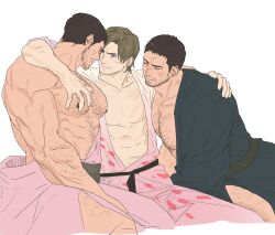 Rule 34 | 123456dyom, 3boys, abs, absurdres, bara, black hair, black kimono, blush, brown hair, chest hair, chris redfield, clone, closed mouth, facial hair, grabbing, highres, japanese clothes, kimono, large pectorals, leon s. kennedy, looking at another, male focus, multiple boys, muscular, muscular male, navel, nipples, pectoral grab, pectorals, pink kimono, resident evil, resident evil 6, short hair, smile, yaoi