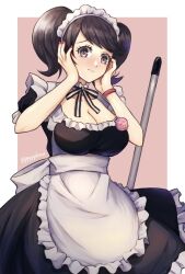 Rule 34 | apron, black dress, black eyes, black hair, blush, border, breasts, cleavage, commentary request, detached collar, dress, fingernails, hands on own face, kawakami sadayo, large breasts, long hair, maid, maid headdress, neck ribbon, outside border, persona, persona 5, pink background, pppppknw, puffy short sleeves, puffy sleeves, red nails, ribbon, short sleeves, simple background, swept bangs, twintails, twitter username, waist apron, white apron, white border