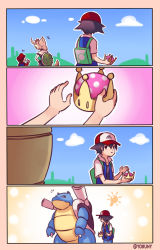 Rule 34 | +++, 1girl, 2boys, 4koma, armlet, ash ketchum, backpack, bag, baseball cap, black dress, black hair, blastoise, blonde hair, blue sky, blue vest, bowsette, bracelet, brown hair, cloud, cloudy sky, collar, comic, commentary, creatures (company), crossover, crown, dress, from behind, game freak, gen 1 pokemon, green bag, hat, highres, holding, horns, idea, jewelry, light bulb, mario, mario (series), multiple boys, new super mario bros. u deluxe, nintendo, outdoors, overalls, pokemon, pokemon (anime), pokemon (classic anime), pokemon (creature), red headwear, red shirt, shirt, sky, spiked armlet, spiked bracelet, spiked shell, spiked tail, spikes, strapless, strapless dress, super crown, tail, turtle shell, twitter username, vest, yoruny