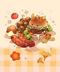 Rule 34 | broccoli, burger, carrot, cheese, coin, commentary, english commentary, flag, food, food focus, foodification, genshin impact, ginkgo leaf, highres, ketchup, leaf, lettuce, mashed potatoes, mayonnaise, meatball, no humans, rex lapis (genshin impact), sauce, sausage, tomato, yeurei, zhongli (genshin impact)
