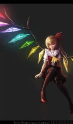 Rule 34 | 1girl, absurdres, black thighhighs, blonde hair, fangs, female focus, flandre scarlet, highres, klamp, letterboxed, multicolored nails, nail polish, red eyes, solo, thighhighs, touhou