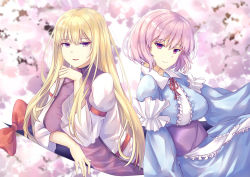 Rule 34 | 2girls, arm garter, arm rest, arm under breasts, arm up, armband, blonde hair, blue kimono, blurry, blurry background, breasts, cherry blossoms, commentary, depth of field, dress, gap (touhou), hair between eyes, head tilt, japanese clothes, juliet sleeves, kimono, large breasts, light smile, long hair, long sleeves, looking at viewer, mirufui, multiple girls, no headwear, obi, parted lips, pink eyes, pink hair, puffy sleeves, purple eyes, red pupils, saigyouji yuyuko, sash, shiny clothes, short hair, sitting, tabard, touhou, upper body, very long hair, white dress, yakumo yukari