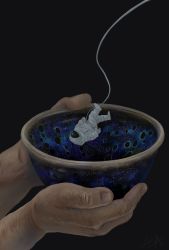 Rule 34 | 2others, artist name, astronaut, black background, bowl, cable, falling, full body, highres, hinata kanata, holding, holding bowl, multiple others, original, realistic, signature, simple background, spacesuit, surreal, upside-down, wrinkled skin