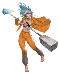 Rule 34 | 1girl, bandeau, barefoot, blood, blood from mouth, blue hair, breasts, cleavage, clothes lift, collarbone, crazy eyes, full body, green eyes, improvised weapon, jacket, jacket lift, jacket on shoulders, korean text, large breasts, orange pants, original, pants, road sign, sign, solo, tahra