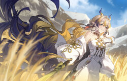 Rule 34 | 1girl, absurdly long hair, arknights, bare shoulders, beads, belt, blonde hair, blurry, blurry foreground, closed mouth, colored skin, cowboy shot, day, dragon girl, dragon horns, earrings, field, green eyes, grey hair, grey horns, hair intakes, highres, holding, holding sword, holding weapon, horns, jacket, jewelry, kano sakiko, lens flare, light blush, light smile, long hair, long sleeves, looking ahead, multicolored hair, necklace, off shoulder, open clothes, open jacket, outdoors, pants, plant, pointy ears, puffy long sleeves, puffy sleeves, purple hair, purple horns, shu (arknights), simple bird, solo, standing, strapless, sunlight, sword, tube top, very long hair, weapon, wheat, white belt, white jacket, white pants, white tube top, wind, yellow horns
