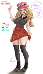 Rule 34 | 1girl, achromaru, blonde hair, blush, breasts, clothes lift, creatures (company), english text, game freak, hat, highres, large breasts, like and retweet, long hair, looking at viewer, meme, nintendo, open mouth, pokemon, pokemon xy, serena (pokemon), shirt, skirt, skirt lift, sleeveless, sleeveless shirt, smile, solo, thighhighs, twitter strip game (meme), white background