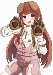 Rule 34 | 1girl, animal ears, animal hands, blush, breasts, brown hair, dog ears, dog paws, grey cat, highres, hood, hoodie, idolmaster, idolmaster million live!, kemonomimi mode, long hair, looking at viewer, medium breasts, overall shorts, overalls, pink overalls, simple background, smile, solo, straight hair, tabii, tanaka kotoha, very long hair, white background, white hoodie