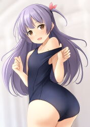 Rule 34 | 1girl, ass, blue one-piece swimsuit, breasts, brown eyes, clothes pull, commentary request, hair ribbon, highres, long hair, looking at viewer, looking back, old school swimsuit, one-piece swimsuit, one-piece swimsuit pull, one side up, original, purple hair, ribbon, school swimsuit, shibacha, small breasts, solo, swimsuit