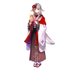 Rule 34 | 1girl, absurdres, animal ears, black hair, closed mouth, commentary request, fire emblem, fire emblem fates, fire emblem heroes, full body, fuzichoco, grey hair, hagoita, hair ornament, highres, holding, japanese clothes, kimono, long hair, looking at viewer, multicolored hair, nintendo, obi, official art, paddle, pointy ears, sandals, sash, smile, solo, standing, tabi, tail, velouria (fire emblem), white background, white legwear, wide sleeves, wolf ears, wolf tail