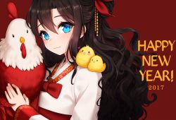 Rule 34 | 1girl, 2017, ango, ankkoyom, bird, blue eyes, blush, brown hair, chick, chicken, hair between eyes, hair ornament, happy new year, hard-translated, heart, highres, holding, japanese clothes, kimono, light smile, long hair, new year, on shoulder, original, rooster, solo, third-party edit, translated, upper body, wavy hair, white kimono