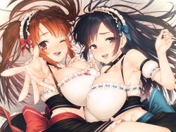 Rule 34 | 2girls, :d, ;p, apron, armpits, asymmetrical docking, black hair, black skirt, blue bow, blush, bow, breast press, breasts, brown eyes, brown hair, choker, crop top, detached sleeves, frills, highres, inumori shirou, large breasts, long hair, looking at viewer, maid headdress, multiple girls, navel, one eye closed, open mouth, original, parted bangs, petticoat, purple eyes, reaching, reaching towards viewer, red bow, ribbon-trimmed clothes, ribbon trim, sidelocks, skirt, smile, take your pick, tongue, tongue out, twintails, waist apron