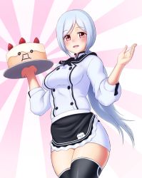 Rule 34 | 1girl, :3, :d, apron, black thighhighs, blue hair, blush, breasts, buttons, cake, cake-tan, chef, cowboy shot, finalcake, food, fruit, holding, jacket, long hair, long sleeves, low ponytail, miniskirt, open mouth, original, parted bangs, parted lips, pencil skirt, ponytail, red eyes, rising sun flag, silver hair, skirt, smile, solo, standing, strawberry, sunburst, swept bangs, thighhighs, thighs, tray, turtleneck, very long hair, waist apron, zettai ryouiki