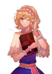 Rule 34 | 1girl, :/, absurdres, alice margatroid, artist name, blonde hair, blue dress, blue eyes, blush, book, capelet, closed mouth, commentary, cowboy shot, dress, frilled hairband, frilled ribbon, frills, grimoire of alice, hair between eyes, hairband, hand up, highres, holding, holding book, looking at viewer, medium hair, one eye closed, red hairband, red ribbon, red scarf, ribbon, ringo orihara, rubbing eyes, scarf, simple background, solo, tearing up, touhou, white background, white capelet, wrist cuffs