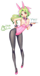 Rule 34 | 1girl, animal ears, bad id, bad pixiv id, bare shoulders, black pantyhose, breasts, cocktail glass, cup, dated, drinking glass, fake animal ears, green hair, hand on own hip, kawagoe pochi, leotard, long hair, medium breasts, open mouth, orange eyes, original, pantyhose, playboy bunny, rabbit ears, solo, tray, wrist cuffs