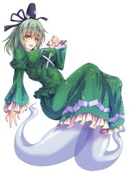 Rule 34 | 1girl, black hat, breasts, brown eyes, cross-laced clothes, dress, full body, ghost tail, green dress, green hair, green shirt, green skirt, hat, highres, large breasts, long sleeves, looking at viewer, ofuda, ofuda on clothes, open mouth, shirt, short hair, simple background, skirt, smile, soga no tojiko, solo, tate eboshi, touhou, transparent background, white background, zephid