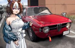 Rule 34 | 1girl, alfa romeo, alfa romeo giulia, animal ears, blue jacket, bow, braid, breasts, brown hair, car, chinese commentary, cleavage, collarbone, commentary, crown braid, dress, ear bow, fr-ee-dom, highres, horse ears, horse girl, jacket, medium breasts, motor vehicle, multicolored hair, off shoulder, outdoors, purple bow, purple ribbon, red car, ribbon, short hair, smile, solo, special week (umamusume), streaked hair, umamusume, vehicle focus, white bow, white dress, white hair