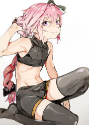 Rule 34 | 1boy, astolfo (fate), bare arms, bare shoulders, black ribbon, black shirt, black shorts, black thighhighs, braid, bulge, closed mouth, commentary, crop top, cropped shirt, fate/apocrypha, fate (series), hair ribbon, highres, hiranko, long hair, looking at viewer, male focus, midriff, navel, pink eyes, pink hair, ribbon, shirt, shorts, simple background, solo, thighhighs, trap, tress ribbon, very long hair, white background
