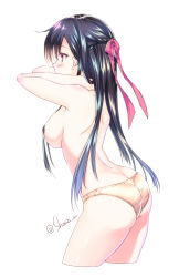 Rule 34 | 1girl, adjusting hair, arched back, armpits, arms up, ass, black hair, bow, breasts, butt crack, commentary request, cropped legs, from side, hair bow, hair censor, hair over breasts, highres, leaning forward, long hair, looking afar, looking away, medium breasts, original, panties, pink bow, profile, red eyes, shouna mitsuishi, simple background, solo, standing, tareme, topless, twitter username, underwear, underwear only, very long hair, white background, yellow panties