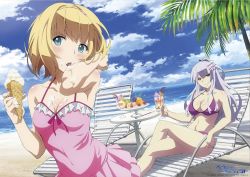 Rule 34 | 10s, 2girls, beach, beach chair, bikini, blonde hair, blue eyes, blush, breasts, casual one-piece swimsuit, chair, cleavage, cloud, cocktail, copyright name, crossed legs, cup, day, drink, drinking glass, drinking straw, food, food on body, frilled swimsuit, frills, frolaytia capistrano, fruit, hair bun, hair ornament, hair stick, hairband, hairclip, heavy object, holding, holding cup, holding food, horizon, ice cream, ice cream cone, large breasts, licking, light purple hair, long hair, looking at viewer, lounge chair, medium breasts, midriff, milinda brantini, multiple girls, navel, ocean, official art, one-piece swimsuit, outdoors, palm tree, pink one-piece swimsuit, plate, purple bikini, purple eyes, short hair, single hair bun, sitting, sky, smile, suggestive fluid, sunlight, swimsuit, tree