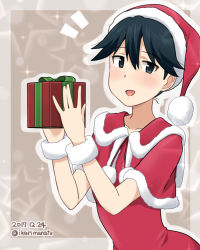 Rule 34 | 1girl, alternate costume, blue eyes, blue hair, blurry, blurry background, blush, box, capelet, collarbone, dated, gift, gift box, hat, holding, holding gift, houshou (kancolle), ikari manatsu, kantai collection, looking at viewer, santa costume, santa hat, smile, sparkle, twitter username, wrist cuffs