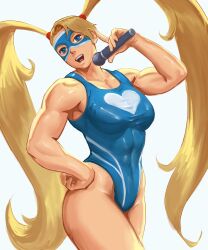 Rule 34 | 1girl, abs, astrovart, bare shoulders, blonde hair, blue eyes, breasts, heart, heart print, highres, large breasts, long hair, mask, microphone, one-piece swimsuit, rainbow mika, sleeveless, street fighter, swimsuit, teeth, twintails, very long hair, white background