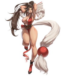Rule 34 | 1girl, armpits, breasts, brown hair, cleavage, collarbone, fatal fury, full body, hand fan, large breasts, long hair, looking at viewer, muscular, muscular female, narrow waist, no bra, pelvic curtain, revealing clothes, shiranui mai, snk, solo, tabi, the king of fighters, thighs, very long hair, white background, xxoom