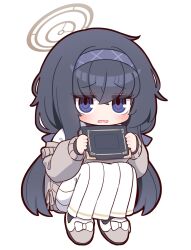 Rule 34 | bags under eyes, black hair, black socks, blue archive, blue eyes, blue hairband, blush, book, bow, brown footwear, brown jacket, chibi, commentary request, full body, hair between eyes, hairband, halo, highres, holding, holding book, jacket, long hair, long skirt, long sleeves, looking at viewer, low twintails, naga u, open clothes, open jacket, parted lips, pleated skirt, puffy long sleeves, puffy sleeves, shirt, simple background, skirt, slippers, socks, squatting, twintails, ui (blue archive), very long hair, wavy mouth, white background, white bow, white shirt, white skirt