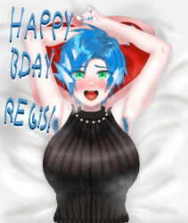 Rule 34 | 1girl, absurdres, alternate breast size, armpit hair, bed, bedroom, birthday, blue hair, blue nail polish, blue nails, breasts, covered collarbone, covered navel, eddarxart, english text, eyes visible through hair, genderswap, genderswap (mtf), green eyes, hairy, happy, happy birthday, heart mouth, highres, holostars, holostars english, holotempus, ice, in bed, jewelry, large breasts, lying, nail polish, necklace, on back, on bed, one eye covered, open mouth, pearl necklace, raised arm, regis altare, ribbed shirt, ribbed sweater, rule63, shirt, showing armpits, sleeveless, sleeveless shirt, solo, solo focus, streamers, sweater, turtleneck, turtleneck sweater, upper body, virtual youtuber, yes-no pillow, youtube