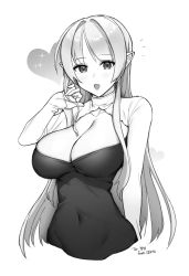 Rule 34 | 1girl, :o, artist name, black dress, breasts, cleavage, collarbone, covered navel, curled fingers, dress, greyscale, hand up, heart, highres, korean commentary, large breasts, long bangs, long hair, looking at viewer, monochrome, open mouth, original, parted bangs, pointy ears, shrug (clothing), sigma 2018, simple background, solo, sparks, stomach, upper body, white background