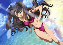 Rule 34 | 1girl, :d, absurdres, barefoot, beach, bikini, black hair, blue eyes, cloud, day, fate/stay night, fate (series), female focus, happy, highres, long hair, long legs, open mouth, outdoors, running, shirase emiko, sky, smile, solo, swimsuit, tohsaka rin, twintails, two side up, water