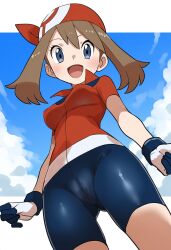 1girl :d bandana bike_shorts blue_eyes blue_sky breasts brown_hair creatures_(company) from_below game_freak gloves highres iconcawaiine looking_at_viewer may_(pokemon) medium_breasts nintendo open_mouth pokemon red_bandana red_shirt shirt short_sleeves sidelocks sky smile solo