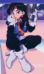 Rule 34 | 1girl, black hair, boots, closed mouth, earrings, gloves, green eyes, gun, high heel boots, high heels, highres, holding, holding gun, holding weapon, indoors, jewelry, long hair, looking at viewer, makibi kiyone, red lips, sitting, smile, solo, speedoru, tenchi muyou!, weapon, white footwear, white gloves
