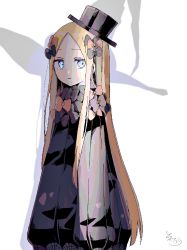 Rule 34 | 1girl, abigail williams (fate), arms at sides, black bow, black dress, black hat, blonde hair, blue eyes, bow, bug, butterfly, dress, fate/grand order, fate (series), hair bow, hat, highres, insect, long hair, long sleeves, looking at viewer, multiple hair bows, orange bow, parted bangs, parted lips, polka dot, polka dot bow, shadow, signature, simple background, sleeves past fingers, sleeves past wrists, sofra, solo, very long hair, white background