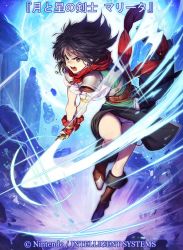 Rule 34 | 1girl, armor, azusa (hws), belt, black hair, boots, bridal gauntlets, brown eyes, commentary, company connection, copyright name, dress, earrings, fire emblem, fire emblem: thracia 776, fire emblem cipher, full body, holding, holding sword, holding weapon, jewelry, knee boots, leg up, long hair, looking at viewer, mareeta (fire emblem), necklace, nintendo, official art, open mouth, serious, sheath, short sleeves, shorts, solo, sparkle, sword, weapon