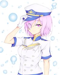 Rule 34 | 1girl, aiguillette, alternate costume, blackwatchar, breasts, eyes visible through hair, fate/grand order, fate (series), gloves, hair over one eye, hand on headwear, hat, highres, looking at viewer, mash kyrielight, medium breasts, military, military uniform, peaked cap, pink hair, purple eyes, short hair, smile, solo, uniform, upper body, white gloves