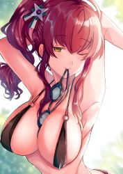 Rule 34 | 1girl, armpits, arms behind head, azur lane, bikini, black bikini, breasts, cleavage, commentary request, day, forest, goggles, unworn goggles, highres, italian flag, large breasts, nature, o-ring, o-ring bikini, red hair, shibaebi (yasaip game), side ponytail, sidelocks, smile, solo, swimsuit, yellow eyes, zara (azur lane), zara (poolside coincidence) (azur lane)