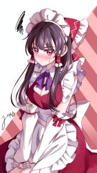 Rule 34 | 1girl, absurdres, alternate costume, apron, bow, bowtie, breasts, brown hair, cleavage, cleavage cutout, closed mouth, clothing cutout, commentary request, detached sleeves, dress, frilled bow, frilled hair tubes, frills, hair bow, hair tubes, hakurei reimu, highres, long hair, looking at viewer, maid, maid apron, maid day, maid headdress, mito (fate), purple bow, purple bowtie, red bow, red dress, red eyes, signature, solo, sweatdrop, touhou, white apron