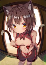 Rule 34 | 1girl, absurdres, animal ears, blush, breasts, breasts out, brown hair, cat ears, cat girl, cat tail, cat tails, chen, highres, looking at viewer, mamemochi, nipples, nude, short hair, small breasts, smile, solo, standing, tail, touhou, yellow eyes