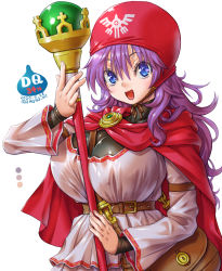 Rule 34 | 1girl, amania orz, bag, belt, blue eyes, breasts, brown bag, brown belt, cape, dated, dragon quest, dragon quest ii, hand up, large breasts, long hair, long sleeves, looking at viewer, open mouth, princess of moonbrook, purple hair, red cape, red headwear, shoulder bag, simple background, smile, solo, square enix, staff, twitter username, white background