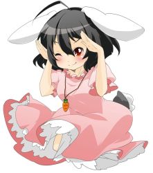 Rule 34 | 1girl, ahoge, animal ears, bad id, bad pixiv id, berry jou, black hair, carrot, carrot necklace, dress, female focus, inaba tewi, jewelry, necklace, one eye closed, rabbit ears, rabbit girl, rabbit pose, rabbit tail, red eyes, short hair, smile, solo, tail, touhou, wink